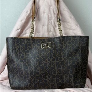 Calvin Klein Brown / w Gold Monogram Tote Bag Gold Chain Link Shoulder Strap